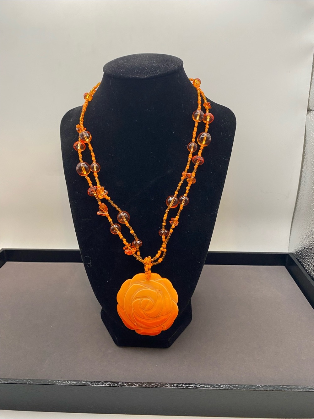 Orange HandCarved Floral Pendant with Glass BeadsNecklace